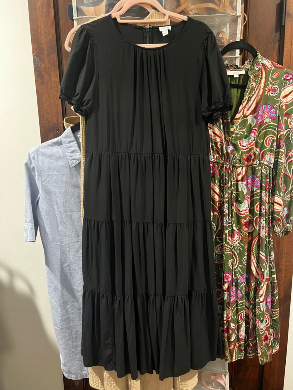 J Crew Black Tiered Short-Sleeve Midi Dress - Women's
